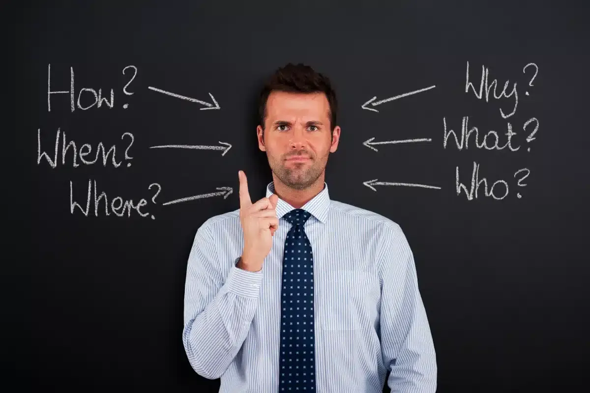 A man in front of a chalkboard with basic questions written around him on it
