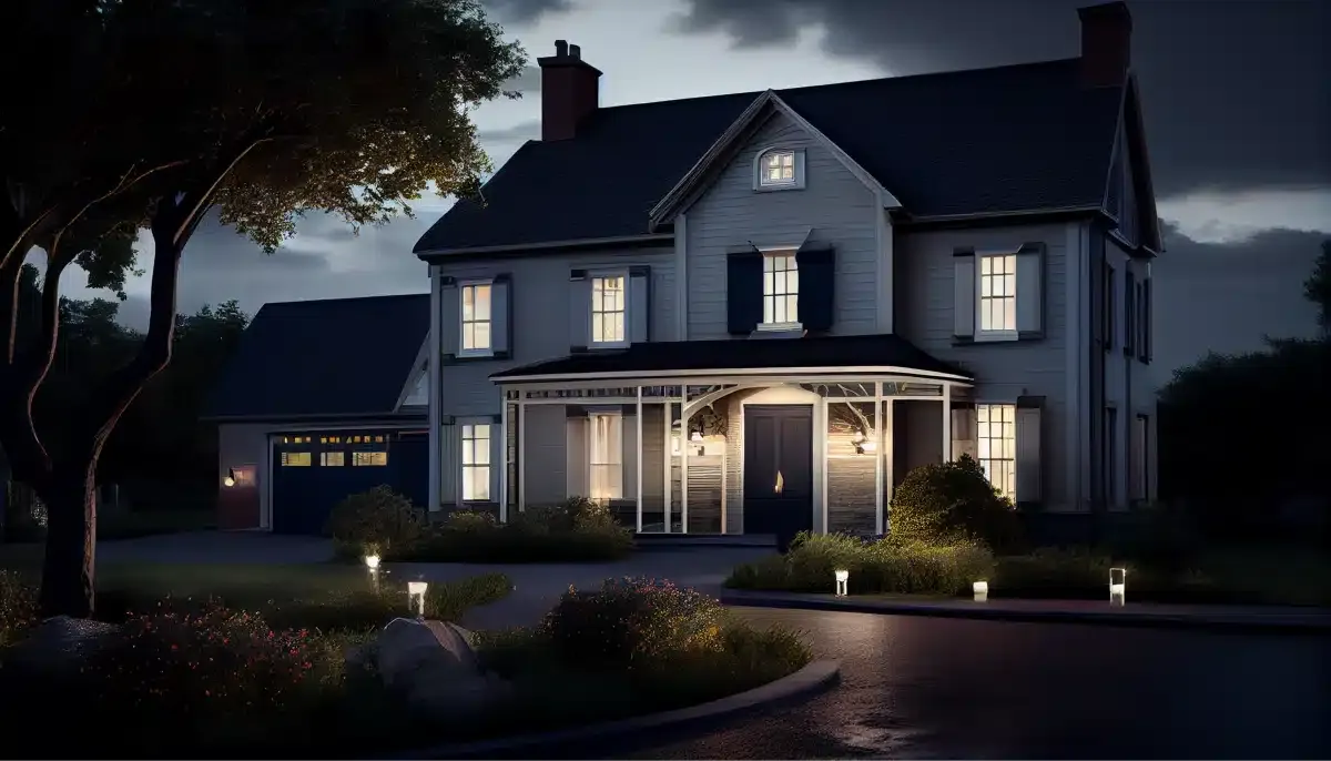 A large white house with a dark roof at night time