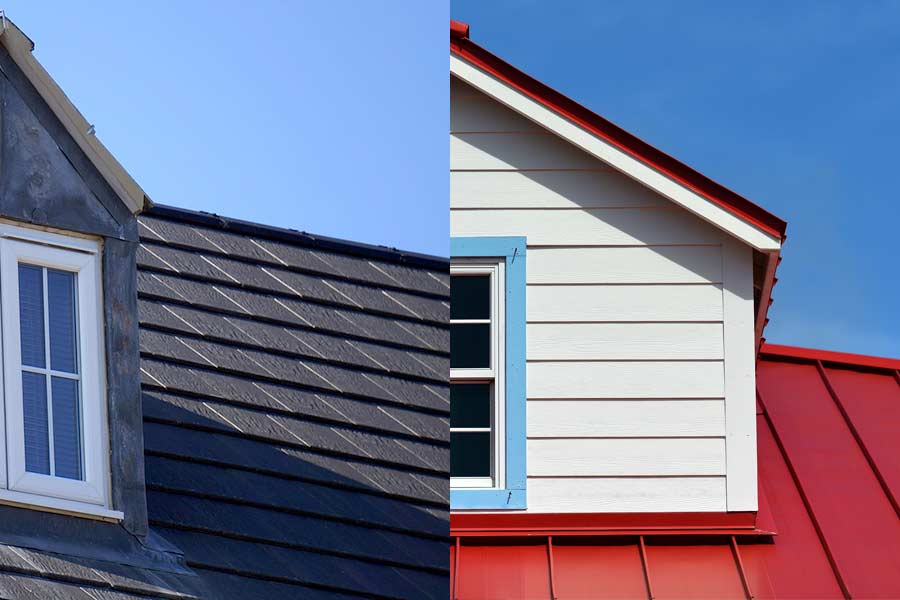 Side-by-side comparison of an asphalt shingle roof and a metal roof