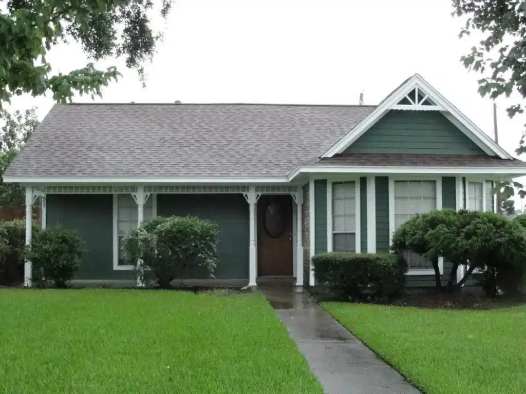 A house with light gray roof shingles