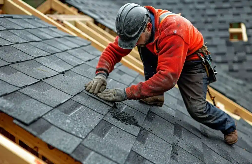 Roofer in a red jacket and hard hat installing asphalt shingles on a roof, focusing carefully on placing each tile.