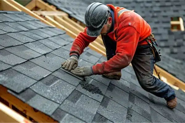 10 Roof Warning Signs That Cost You More Every Day You Wait 11 Roofer in a red jacket and hard hat installing asphalt shingles on a roof, focusing carefully on placing each tile.