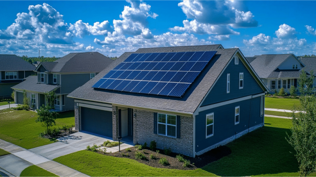 House with solar panels installed on the roof under a sunny sky.