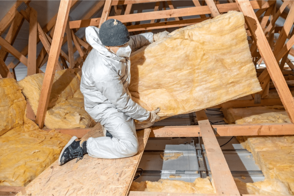 Worker in protective gear installing fiberglass insulation in an attic.