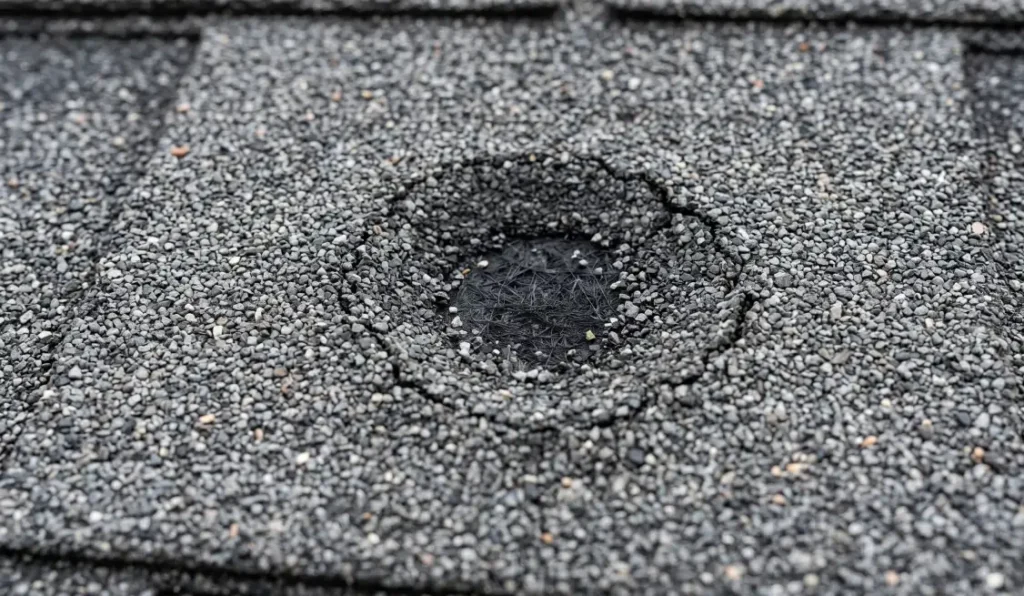 Hail Damage - What Every Texas Homeowner Should Know 2 Bruised asphalt shingle with granule loss caused by 1.5 inch hail impact