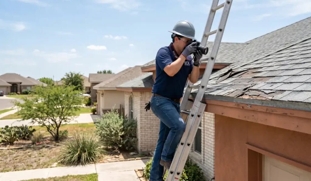 After the Storm - Your Complete Roof Damage Checklist 3 Cox Brothers roofer documenting roof storm damage from a ladder