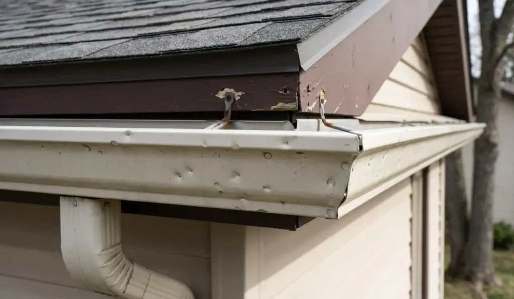 After the Storm - Your Complete Roof Damage Checklist 4 Gutter pulled away from fascia with round hail dents on the face
