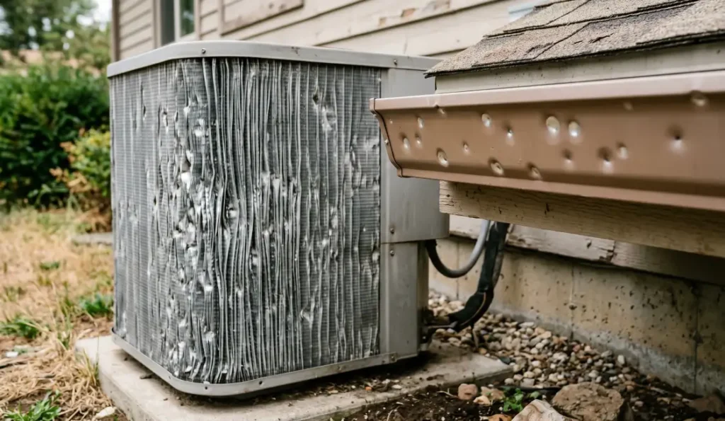 Hail Damage - What Every Texas Homeowner Should Know 3 Dented AC condenser fins and gutter showing ground-level signs of hail damage