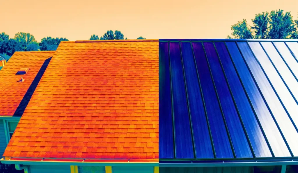 Shingle vs Metal Roofing - Which Is Right for Your South Texas Home? 4 Thermal image showing metal roof reflecting heat compared to asphalt shingle
