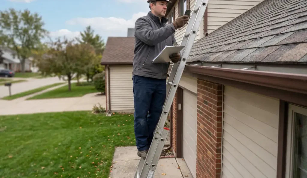Hail Damage - What Every Texas Homeowner Should Know 4 Cox Brothers roofer documenting hail damage from a ladder at the gutter line
