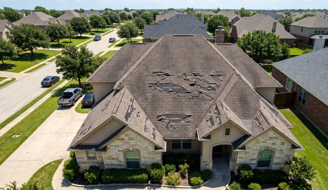 10 Warning Signs Your Roof Needs Immediate Attention 1 Aerial view of asphalt roof showing roof warning signs including curling and missing shingles