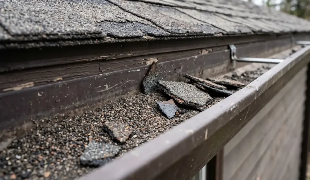 10 Warning Signs Your Roof Needs Immediate Attention 2 Asphalt shingle granules accumulated in a gutter indicating weathered roof