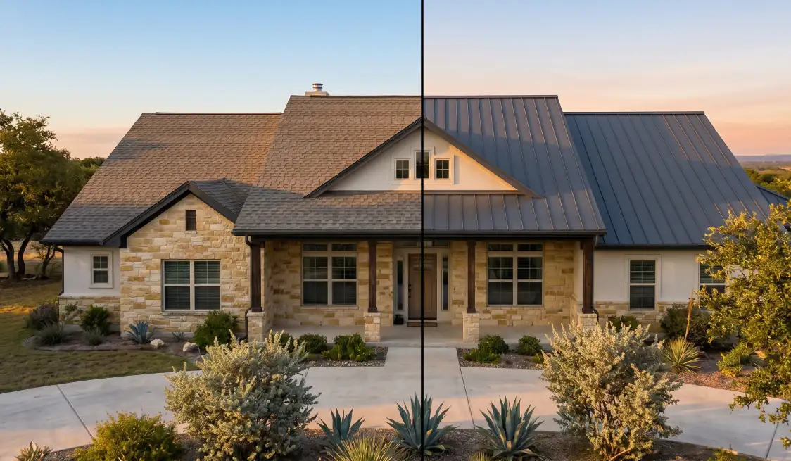 Shingle vs Metal Roofing - Which Is Right for Your South Texas Home? 1 Shingle vs metal roofing side-by-side comparison on a South Texas ranch home