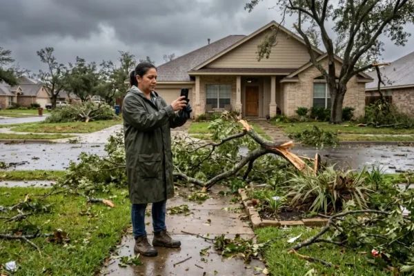 After the Storm - Your Complete Roof Damage Checklist 20 Homeowner using phone to photograph roof storm damage for insurance claim