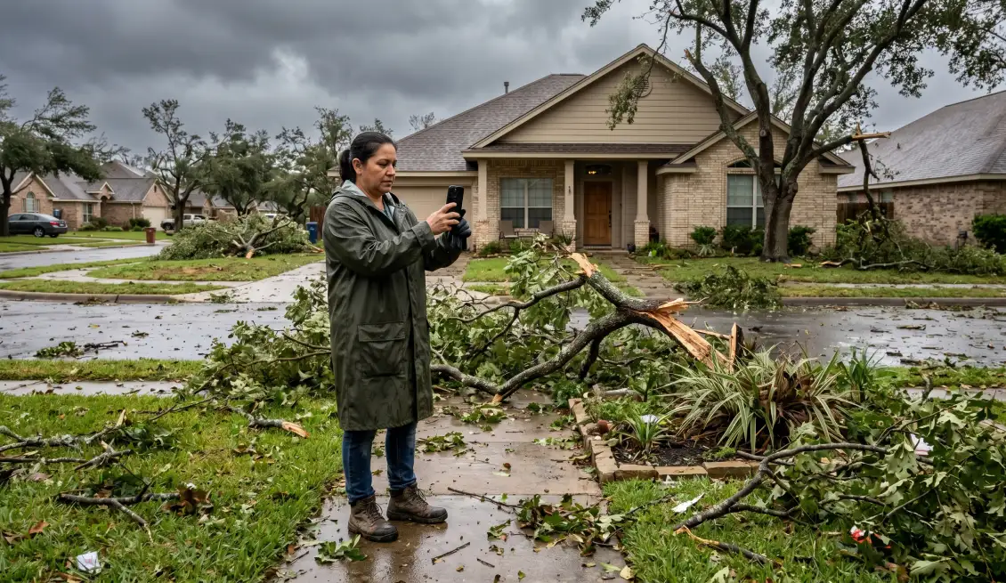 After the Storm - Your Complete Roof Damage Checklist 1 Homeowner using phone to photograph roof storm damage for insurance claim