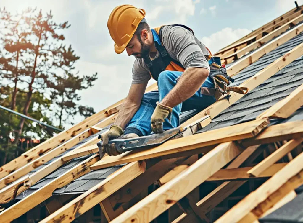 Why Some Roofers Offer 'Free Roofs' (And Why Texas Law Says That's Illegal) 2 Roofer repairing damaged roof structure